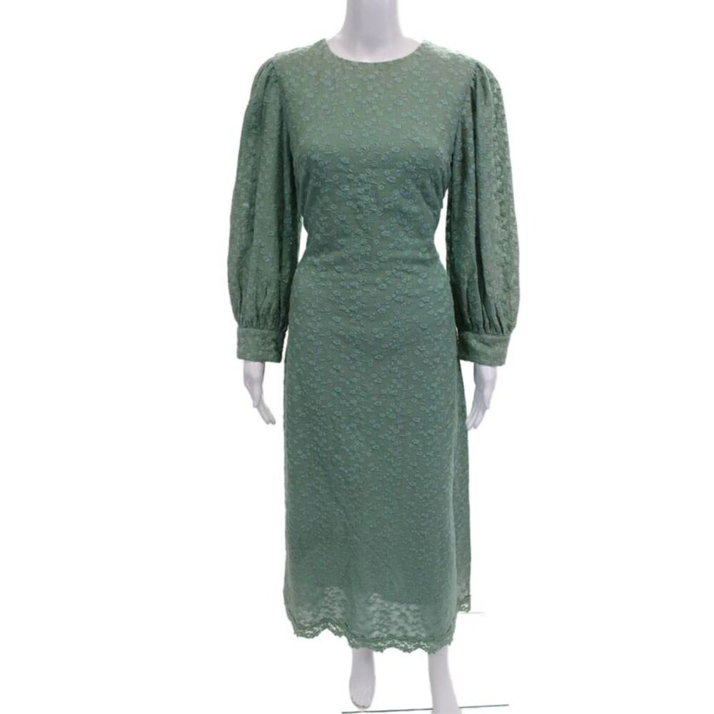 Designer Womens Sheath Dress Green Floral Long Sleeve Size S
